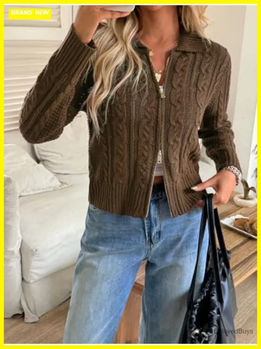 Cable Knit Crop Cardigan Zip Up Chunky Sweater Jacket Fall